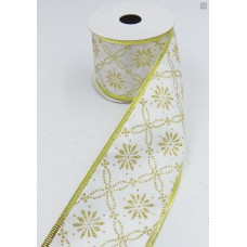 2.5 Inch Wired Christmas Ribbon with Gold Metallic Floral Motif on White Satin, 2-1/2 In. X 10 Yds (Lot of 1 Spool) SALE ITEM